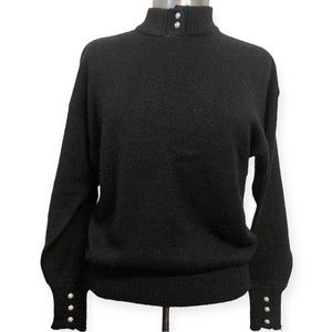 Vintage 80’s 90’s Pearl Button Black Knit Sweater Top Blouse Ribbed Mock Neck M